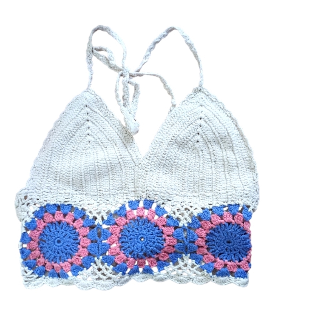 Ecote -Crochet Halter Top with Pink and Blue Accents - Size Small